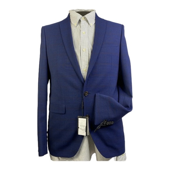 NWT Sand Copenhagen Blue w/ Red Check Cerruti Travel Wool Sport Coat Blazer 36R